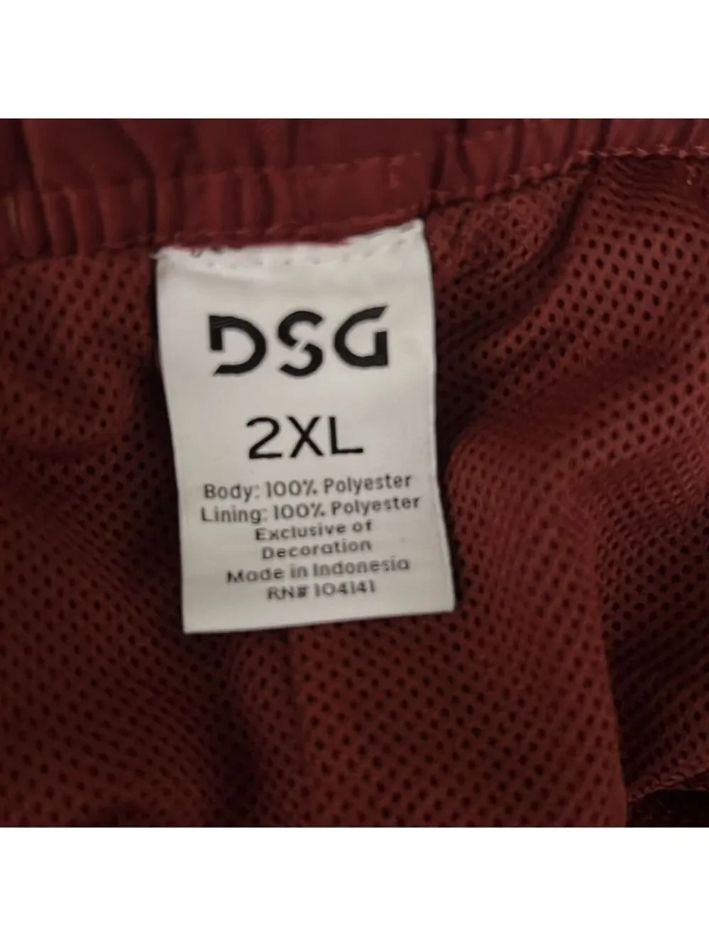 DSG Men’s Recreation Shorts, Size 2XL, Waist 22”, Length 18”, Deep Brick Color